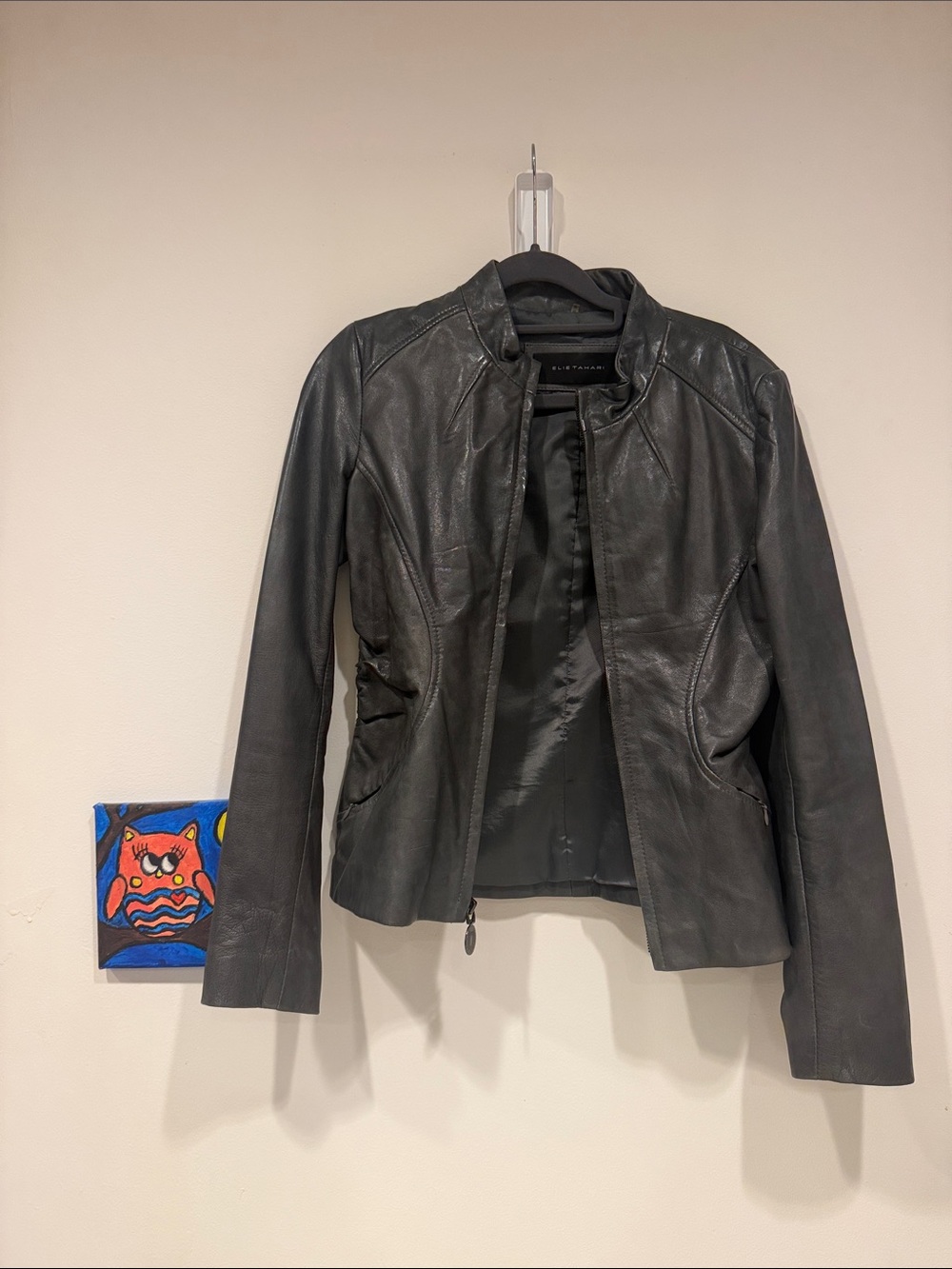 Elie Tahari Black Leather Fitted Zip-Front Jacket